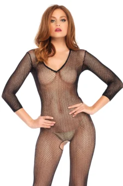LEG AVENUE Deep V Long Sleeved Fishnet Bodystocking 8378