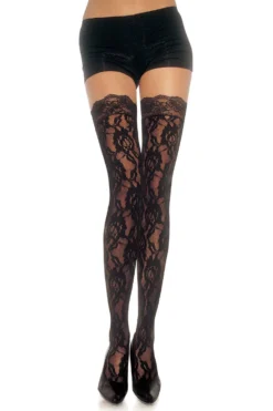 LEG AVENUE Rose Lace Stockings With Lace Top 9762